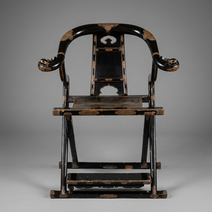 Traditional wooden chair with black lacquer finish on a gray background