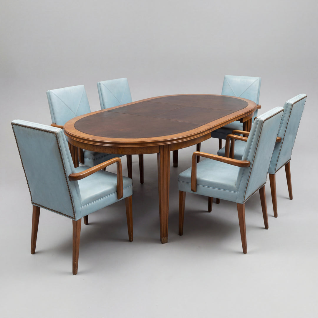 László Hoenig Dining Table and 10 Armchair Suite in Hardwood with Original Turquoise Leather