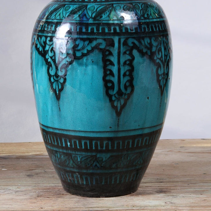 North African Turquoise Vase as a Table lamp III with intricate black designs, Moroccan vintage circa 1950, 40cm tall and 23cm diameter