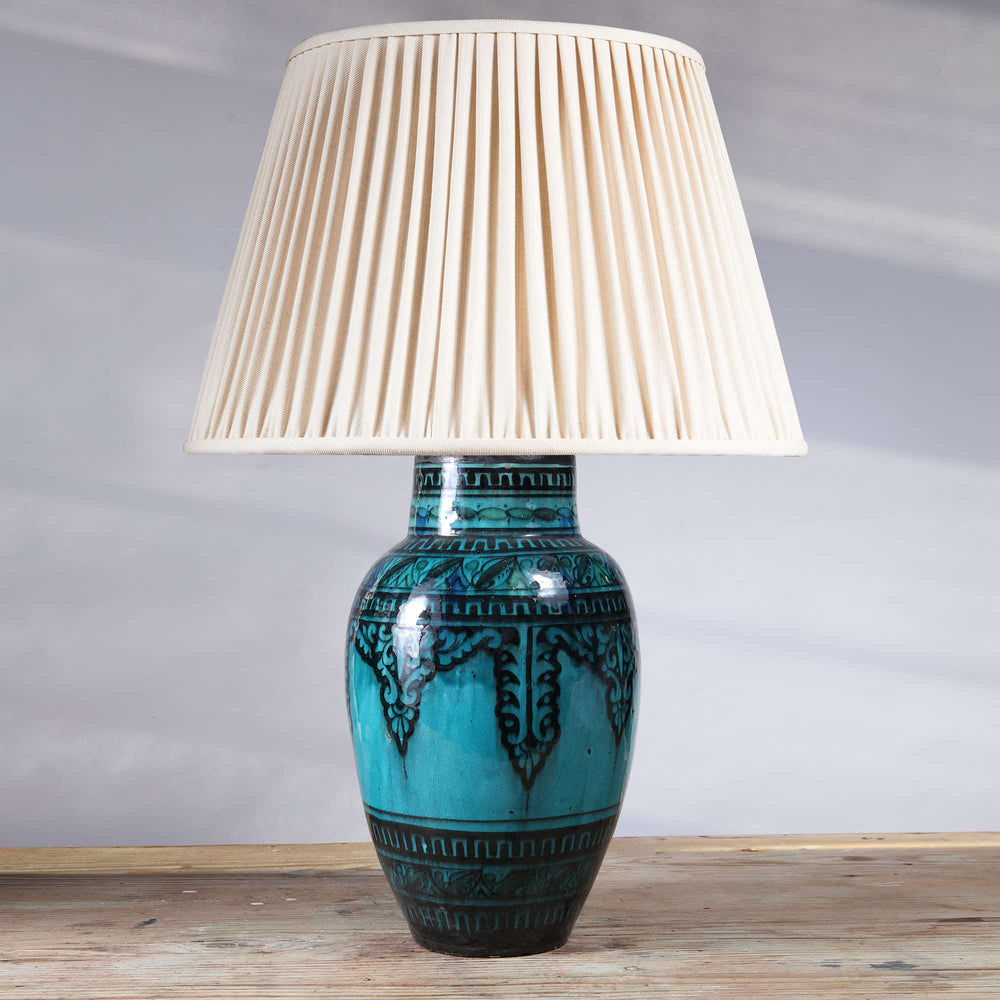North African Turquoise Vase as a Table lamp III with intricate Moroccan design in turquoise and black on wooden surface