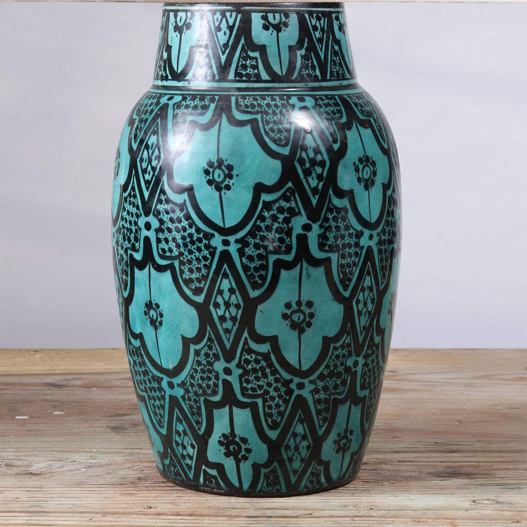 North African Turquoise Vase as a Table lamp with intricate black patterns, Moroccan vintage design, 32cm height, 19cm diameter.