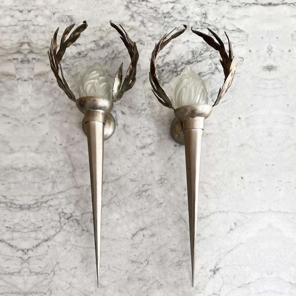 Pair of Olympia Wall Lights by Mark Brazier Jones with frosted glass and forged iron, offered by Nicholas Wells Antiques