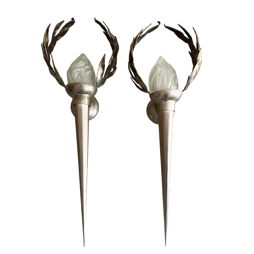 Pair of Olympia Wall Lights by Mark Brazier Jones, forged iron and frosted glass, offered by Nwtiques