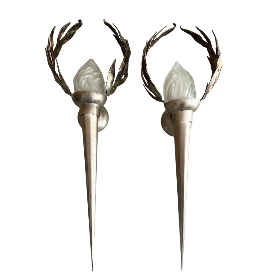 Pair of Olympia Wall Lights by Mark Brazier Jones, forged iron and frosted glass, offered by Nicholas Wells Antiques