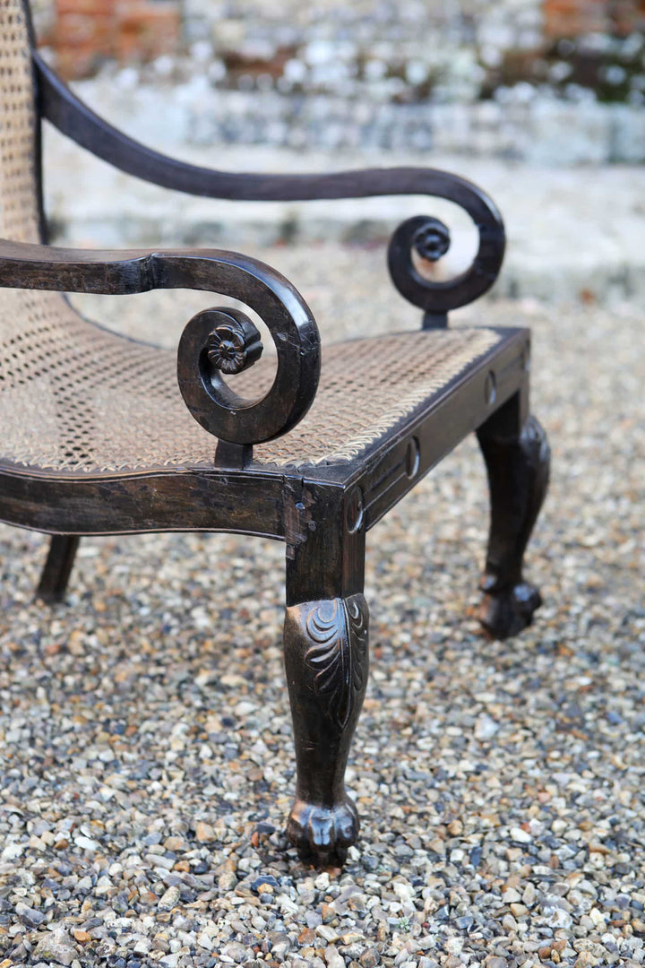 Close-up of an Anglo Indian solid ebony caned armchair with carved scroll arms and cabriole legs by ANTIQUES