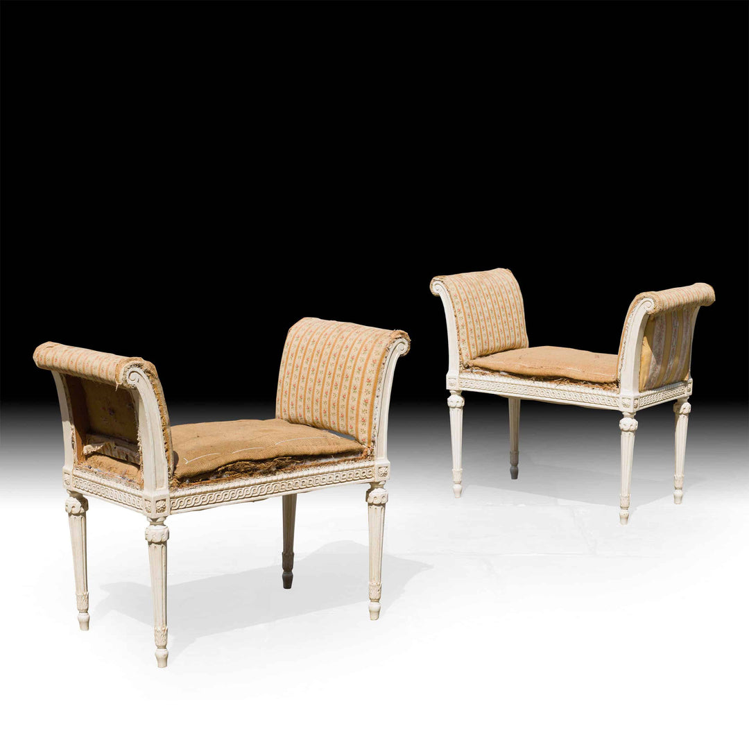 Pair of 19th century French neo-classical window seats with carved wood frames and original upholstery by Collection CK20