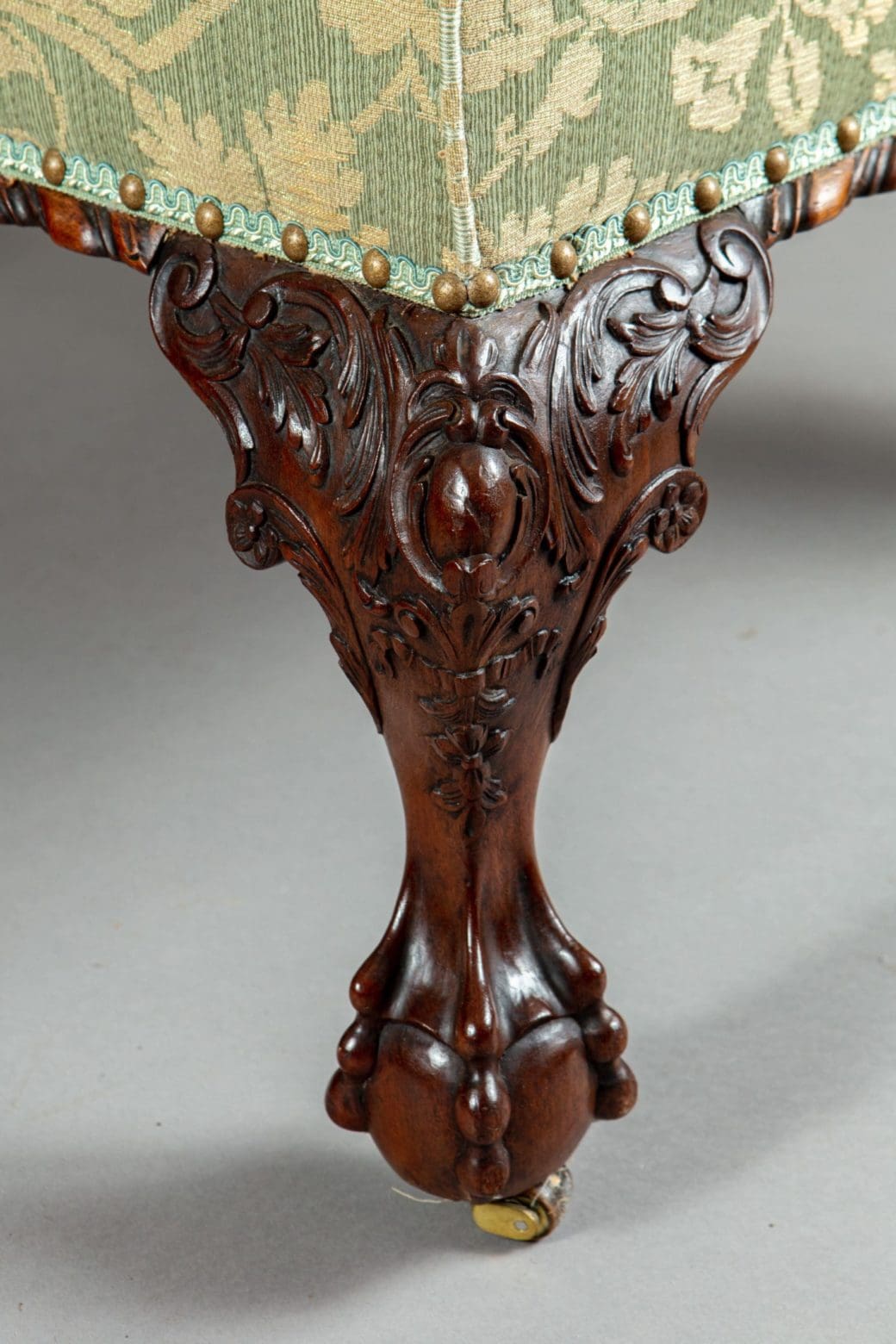 Carved mahogany cabriole leg and silk damask upholstery detail from Collection CK20 Victorian library chair