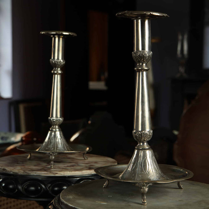 Pair of European silver baluster candlesticks with foliate details on scroll feet from Collection EE10