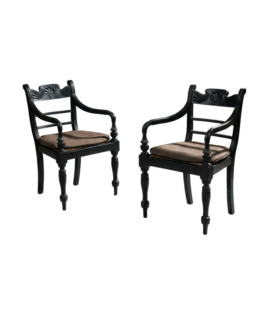Pair of 19th century solid ebony Anglo Indian armchairs with carved backs and caned seats from Collection TH30