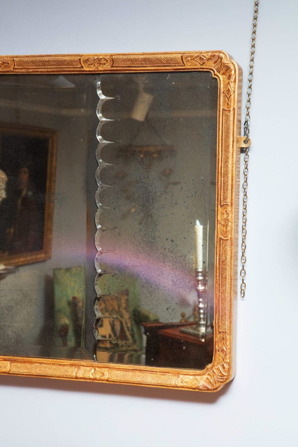 Queen Anne Overmantel Mirror with beveled mercury glass plates and carved giltwood frame circa 1710 England