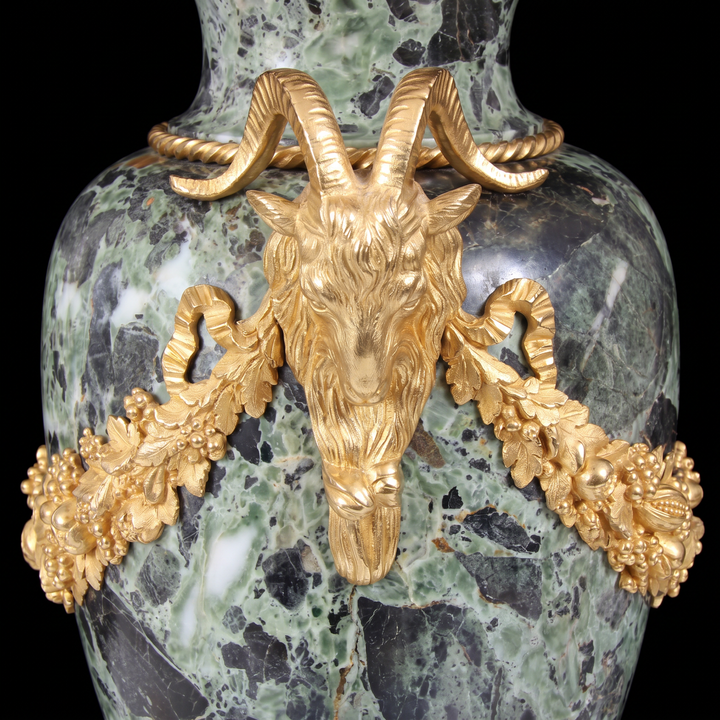 A Grand Pair of 19th-Century Gilt-Bronze Mounted Verde Antico Marble Vases, Now Lamps