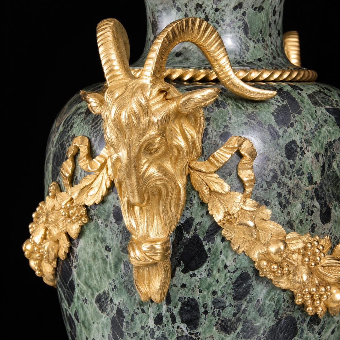A Grand Pair of 19th-Century Gilt-Bronze Mounted Verde Antico Marble Vases, Now Lamps