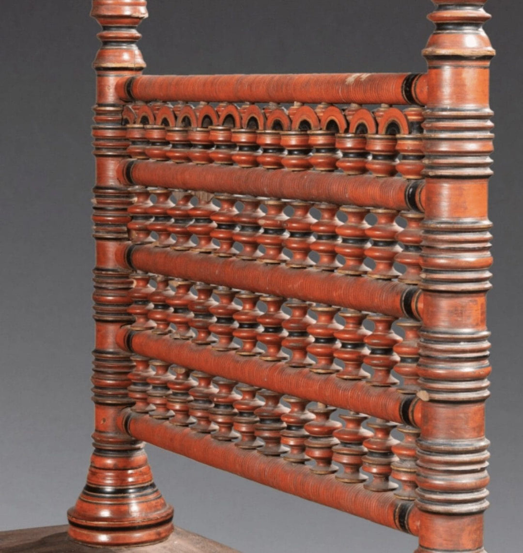 Close-up of red lacquer wooden turned details on Rare 18th Century South Indian bed by Collection EE20