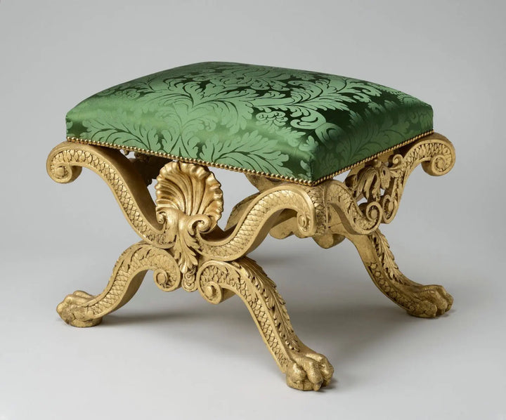 19th century giltwood stool with green embroidered silk velvet seat by Nicholas Wells Antiques