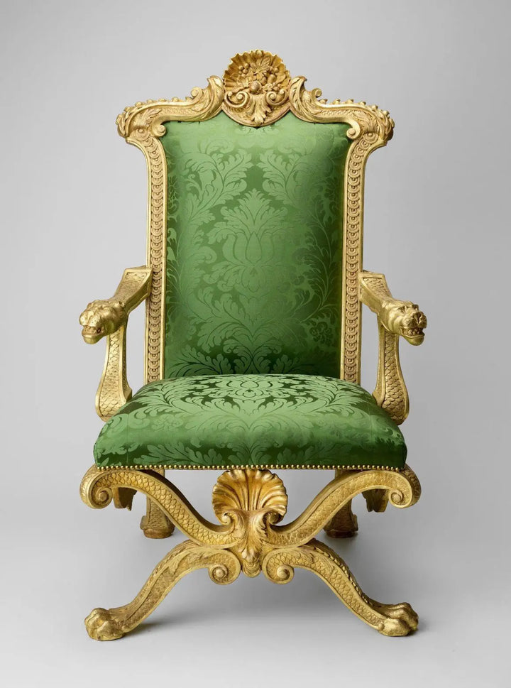 19th-century giltwood throne chair with green embroidered silk velvet upholstery by Nicholas Wells Antiques