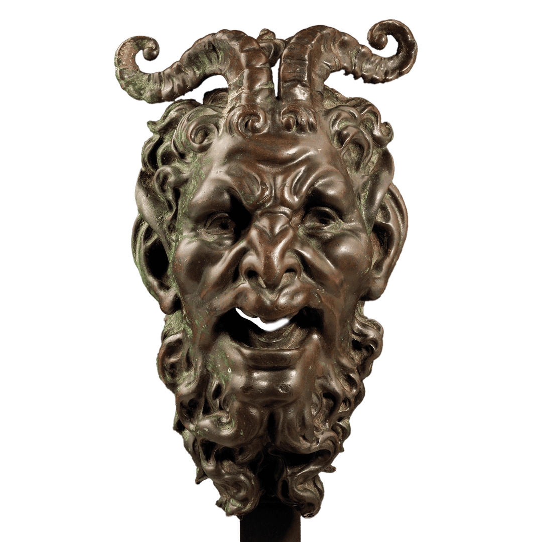 Bronze mask of a Satyr Fountain Head with curled horns and detailed face, Italian, patinated bronze, circa 1800.