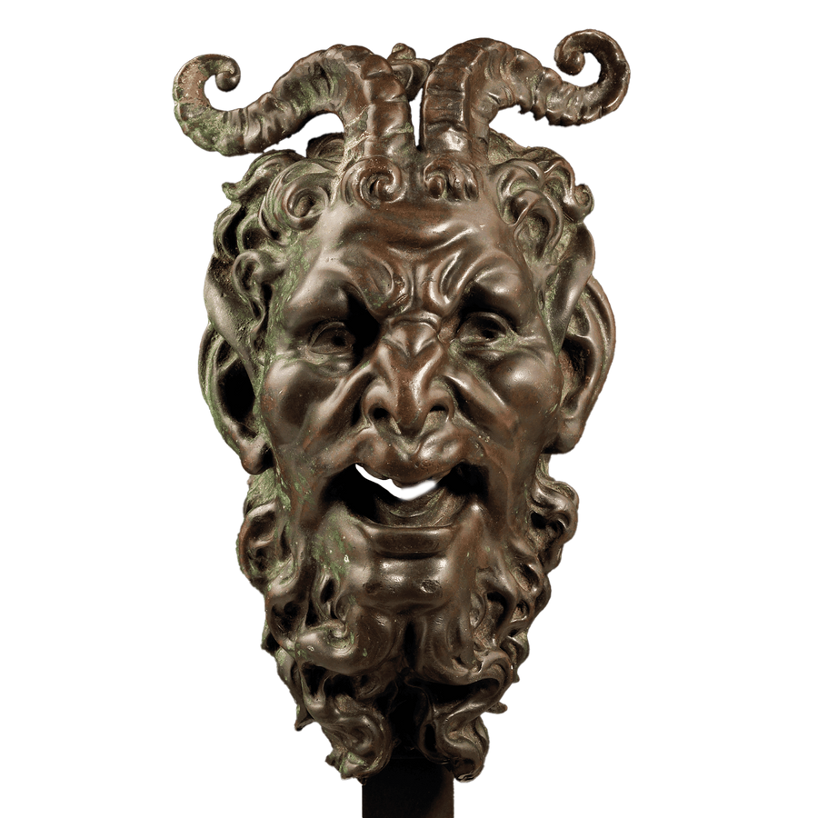 Bronze mask of a Satyr Fountain Head with curled horns and detailed face, Italian, patinated bronze, circa 1800.