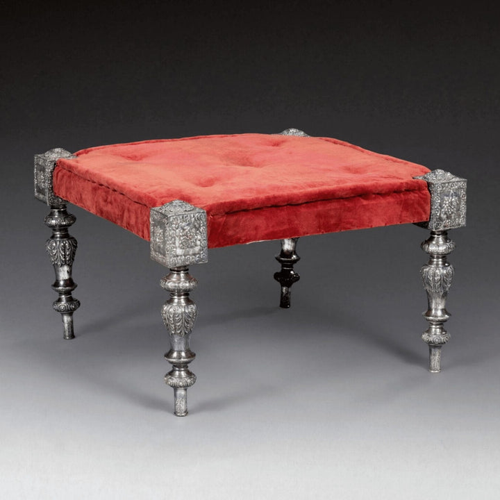 19th century Rajasthani silver mounted upholstered stool with red velvet seat from Collection EE30