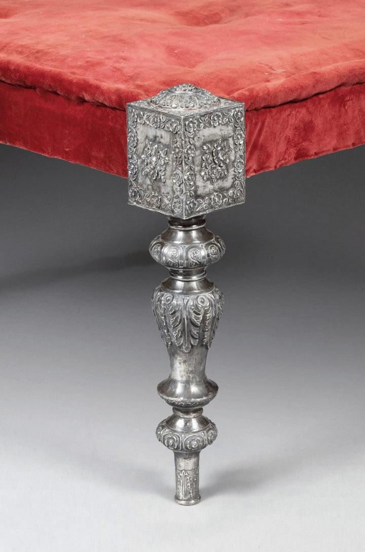 Close-up of Rajasthani silver mounted stool leg with red velvet seat by Collection EE30