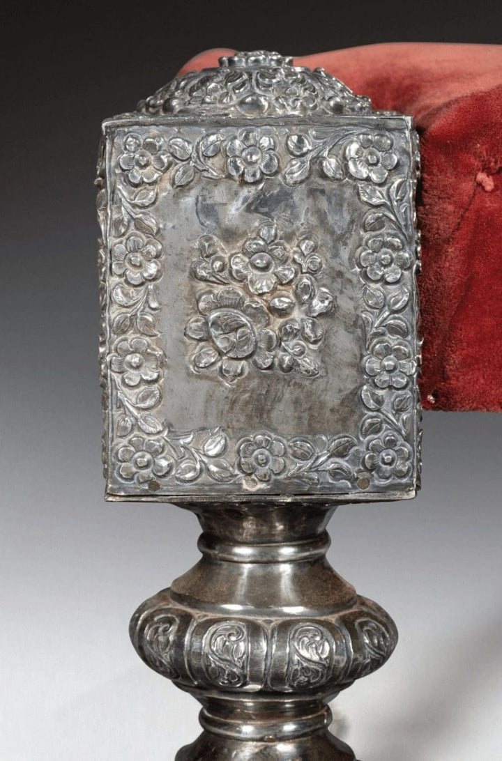 Close-up of 19th century Rajasthani silver mounted stool leg with floral repoussé design from Collection EE30