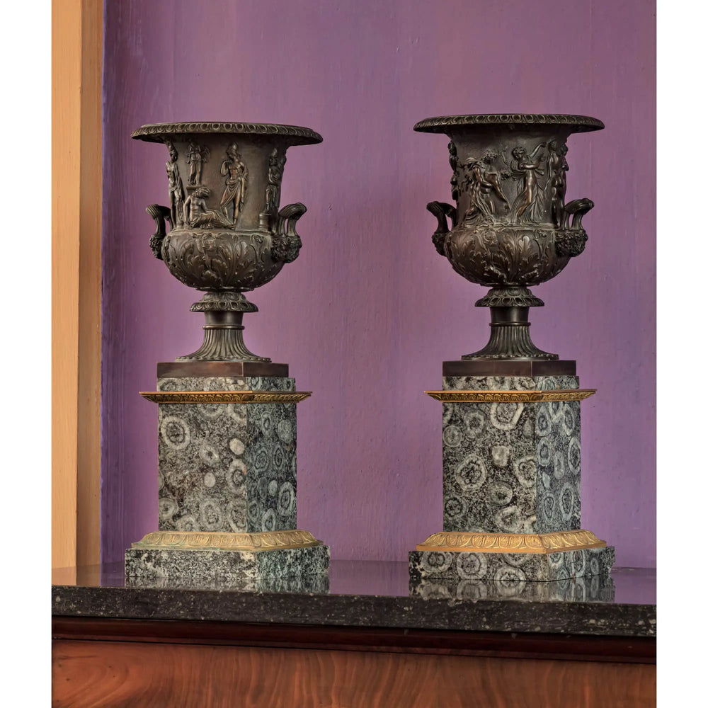 Pair of early 19th century bronze Medici and Borghese vases on orbicular diorite bases by Collection EE20