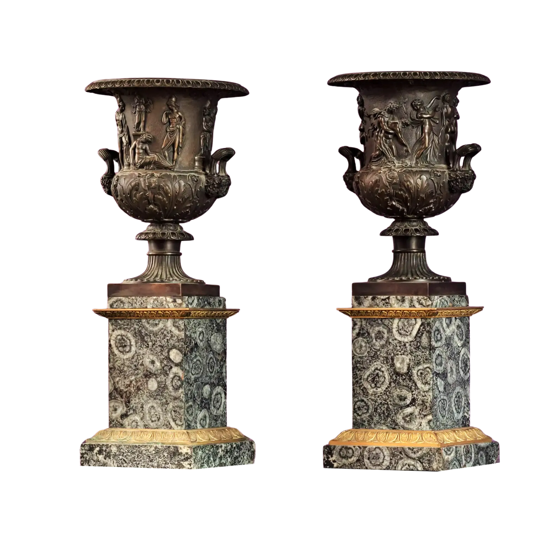 Pair of early 19th century Empire bronze and Napoleonite Medici Borghese vases on orbicular diorite bases Collection EE20