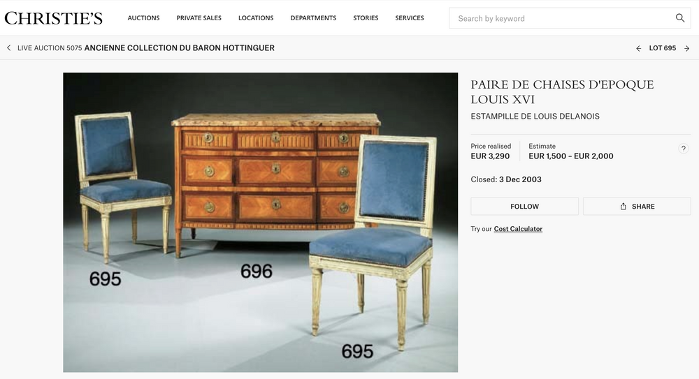 Set of three white Louis XVI side chairs with tapered fluted legs, original upholstery, by Nwtiques