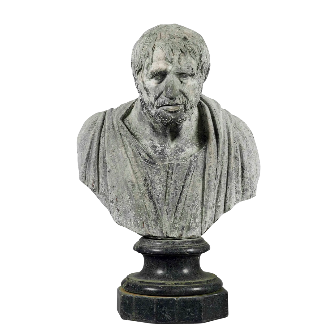 John Cheere rare George III lead life-sized bust of Seneca on octagonal marble pedestal circa 1760.