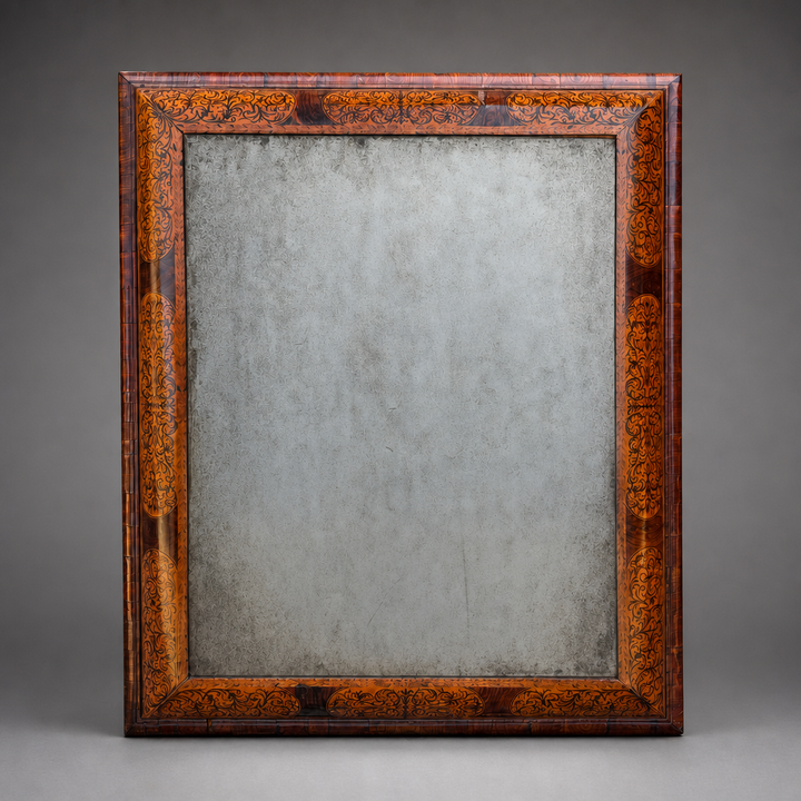 A Rare William & Mary Seaweed Marquetry Mirror with Original Vauxhall Plate