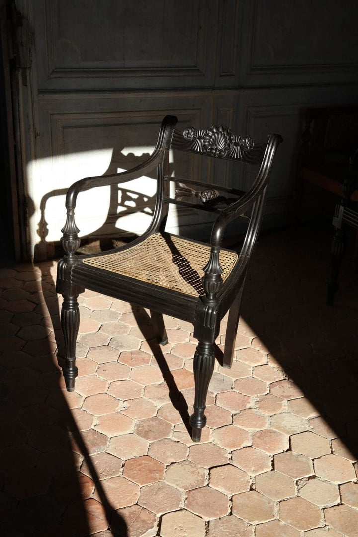 Mid-19th century Anglo-Indian ebony armchair with cane seat and intricate carvings by Collection EE30