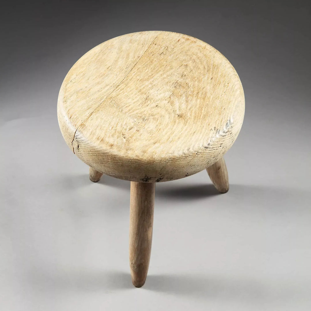 Charlotte Perriand Berger Stool in turned ash wood, French mid-century design by Collection EE30, circa 1960.