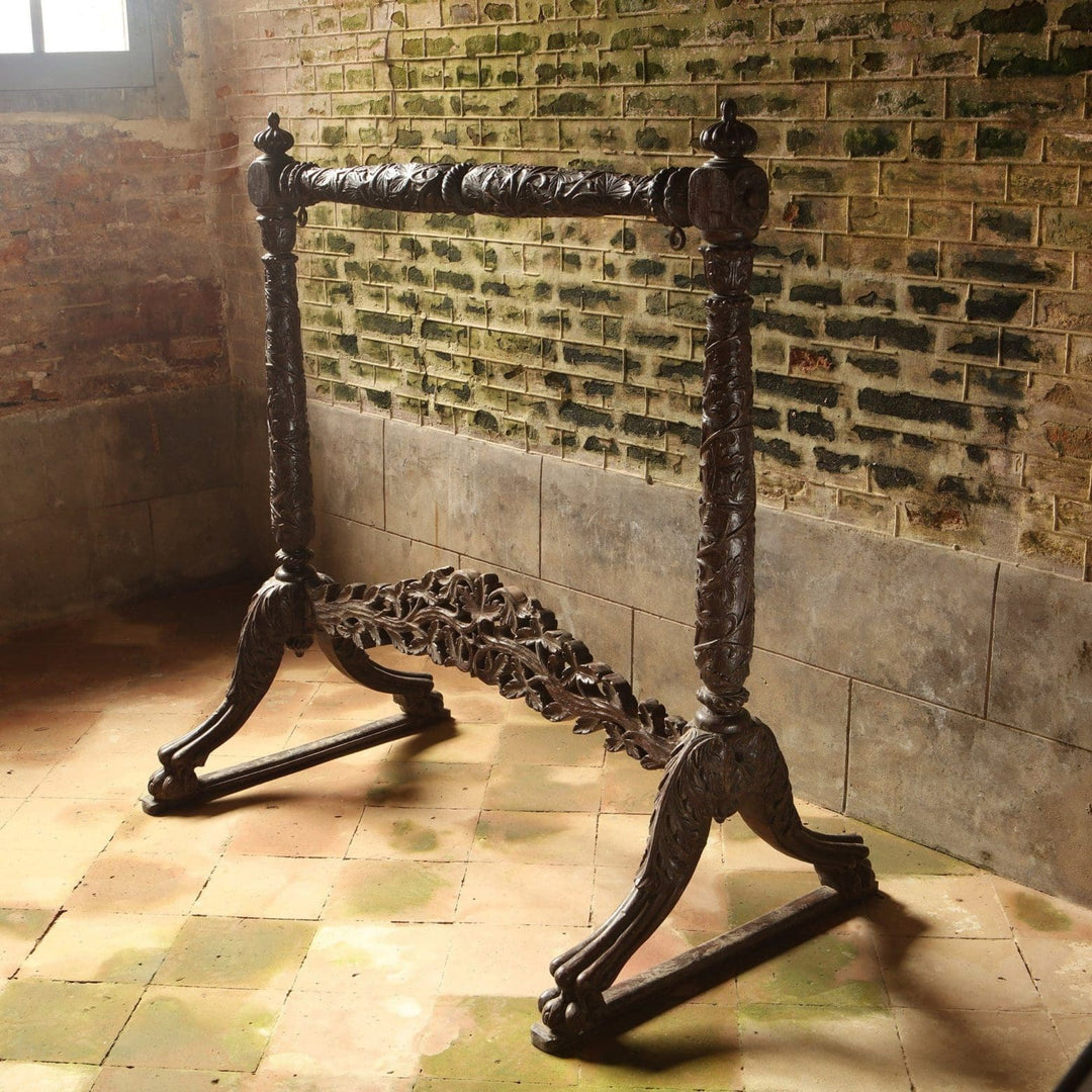 Antique 19th century carved teak Indian gong stand with paw feet by Collection EE20 in rustic setting