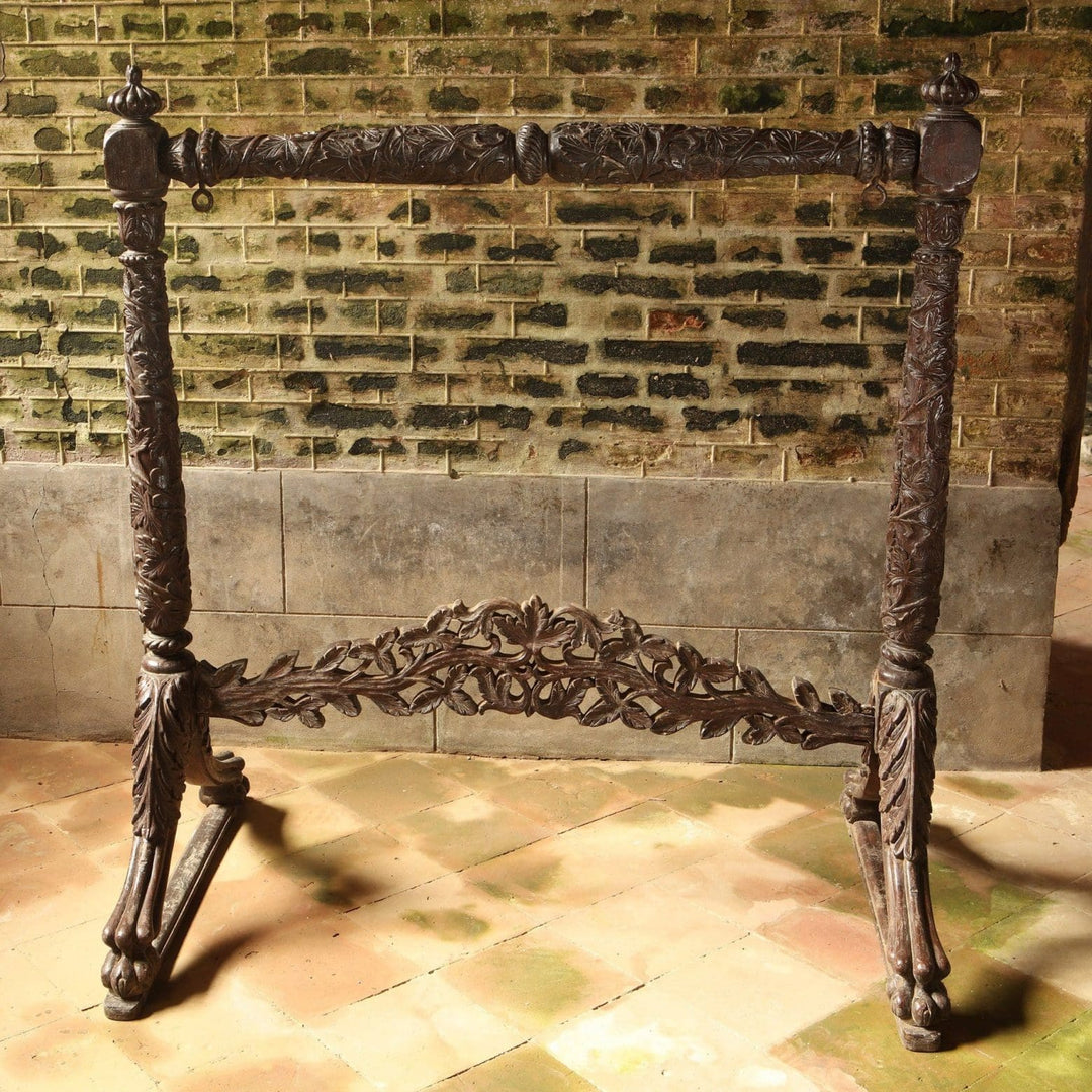Antique Indian carved teak gong stand with paw feet and ornate columns from Collection EE20 circa 1850