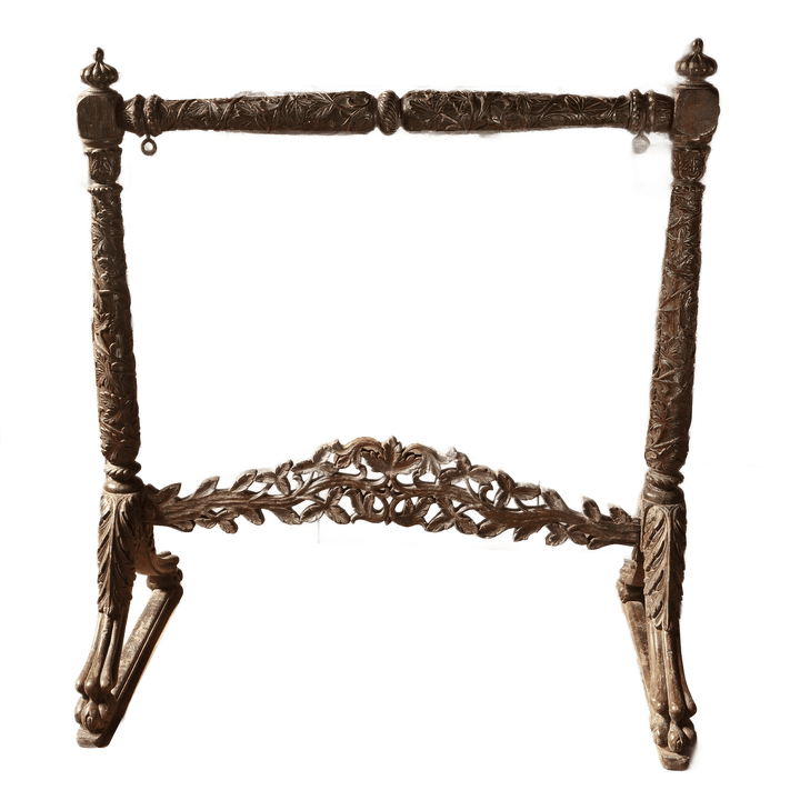 Antique 19th century carved teak gong stand with detailed columns and paw feet from Collection EE20