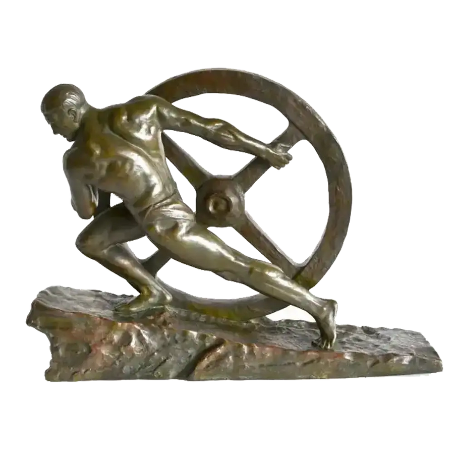 Pierre Le Faguays Art Deco bronze sculpture The Wheel, dynamic male figure pushing a large wheel, circa 1930.