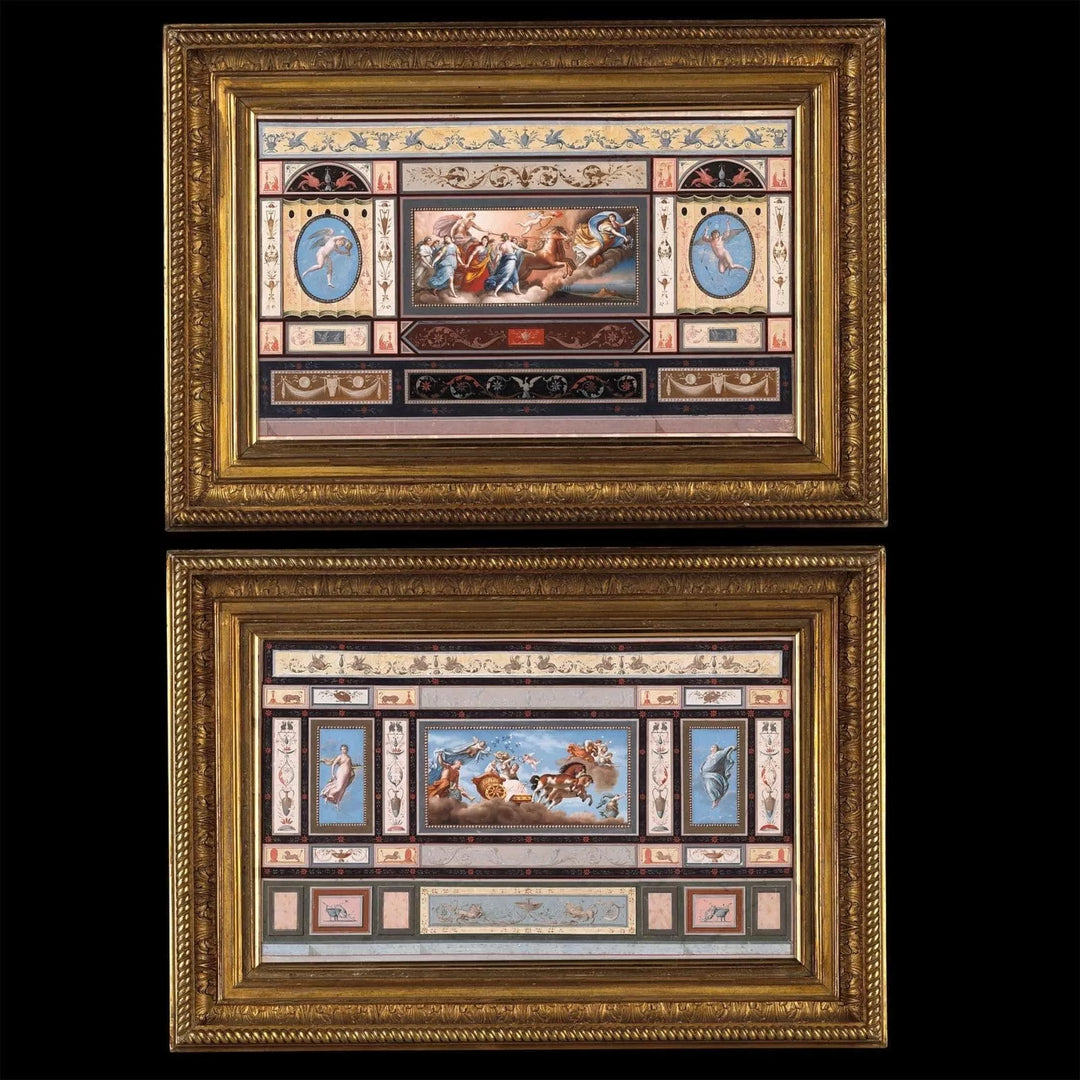 Pair of framed ceiling fresco studies by Tomasso Bigatti after Guido Reni, elegant Baroque watercolours from Collection CK10