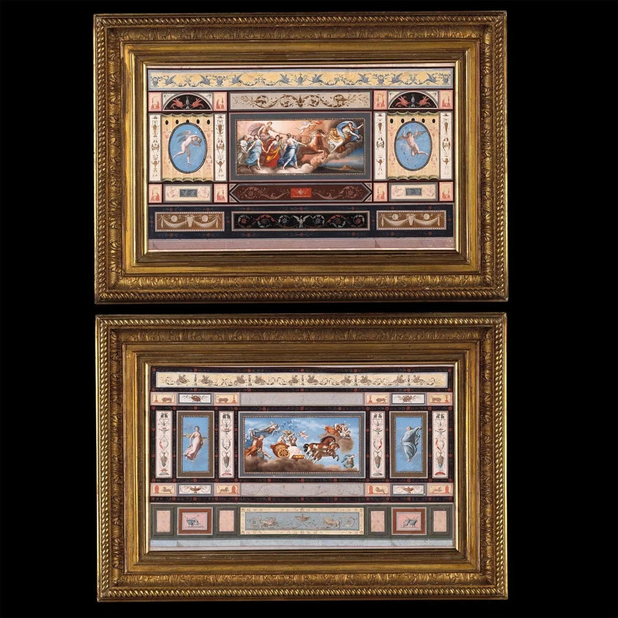 Pair of framed ceiling fresco studies by Tomasso Bigatti after Guido Reni, elegant Baroque watercolours from Collection CK10