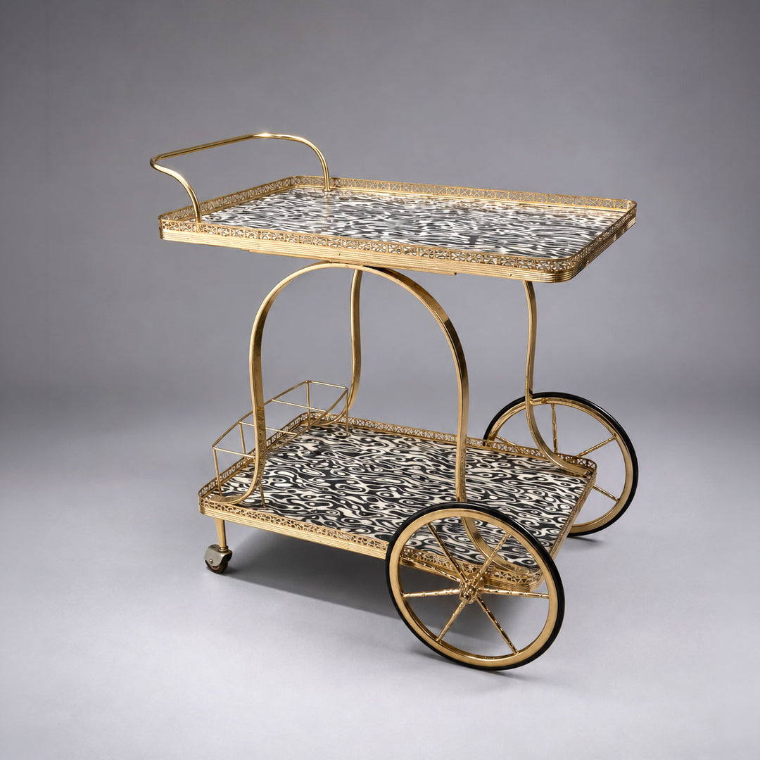 Mid-Century Brass Bar Cart with Two-Tone Veneered Trays