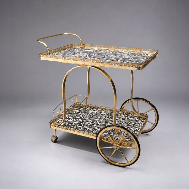 Mid-Century Brass Bar Cart with Two-Tone Veneered Trays