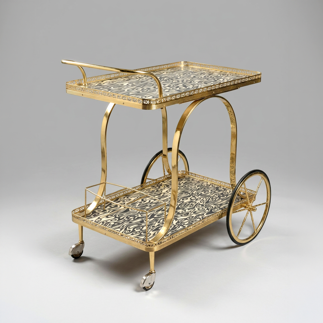 Mid-Century Brass Bar Cart with Two-Tone Veneered Trays