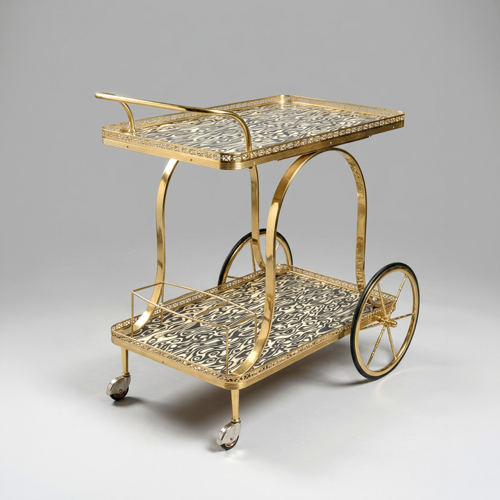 Mid-Century Brass Bar Cart with Two-Tone Veneered Trays