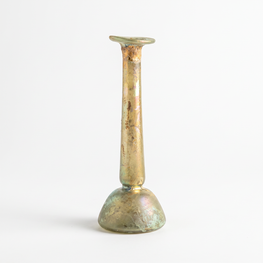 Ancient Roman Iridescent Glass Candlestick Unguentarium, Eastern Mediterranean, circa 2nd–3rd Century AD