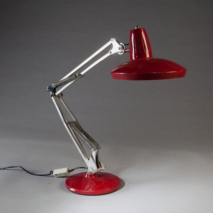 Vintage Spanish anglepoise desk lamp with red shade by FASE, showcasing mid-century design, from Collection TH10
