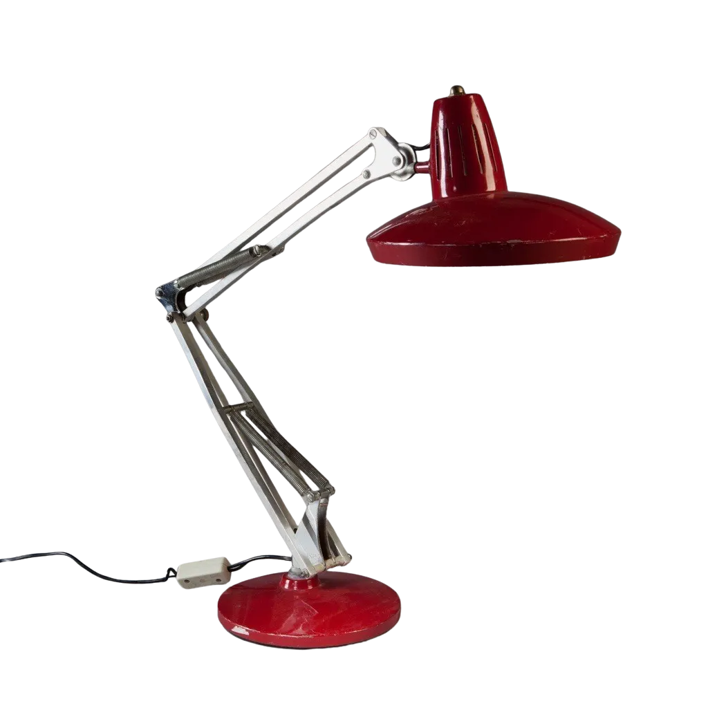 Vintage Spanish anglepoise desk lamp by FASE with red shade and base from Collection TH10, 1960s design icon.