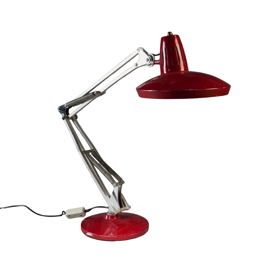 Vintage Spanish anglepoise desk lamp by FASE with red shade and base from Collection TH10, 1960s design icon.