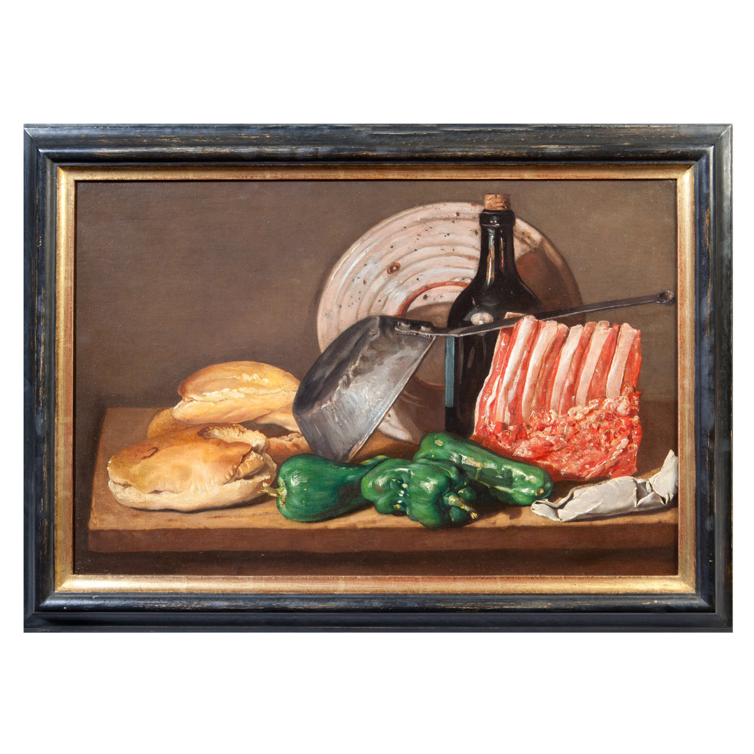 Rustic late 19th-century Spanish still life with meat, peppers, bread, and bottle, by Collection TH10
