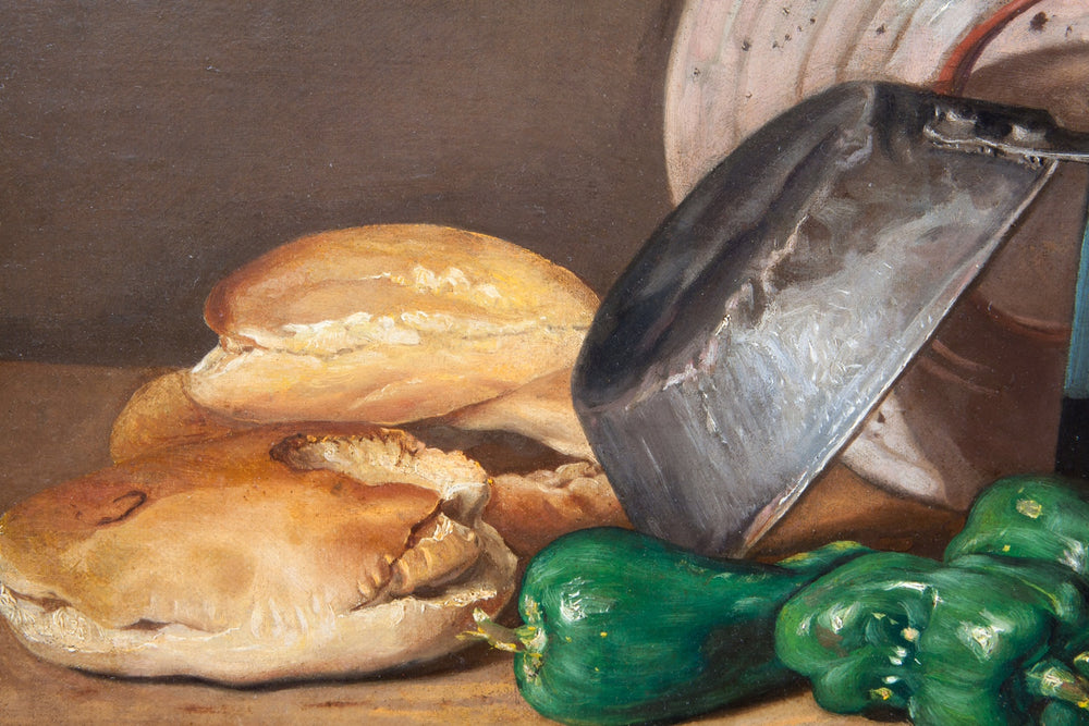 Detailed close-up of a 19th-century Spanish still life painting featuring bread, peppers, and a cleaver by Collection TH10