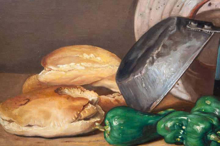 Detailed close-up of a 19th-century Spanish still life painting featuring bread, peppers, and a cleaver by Collection TH10