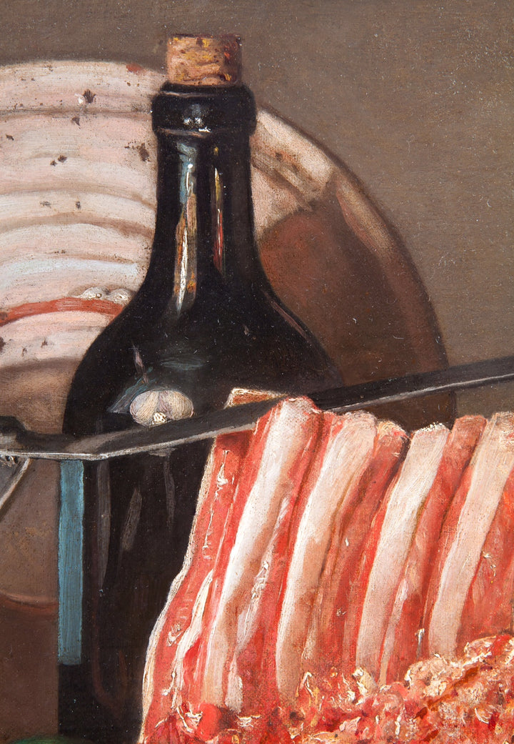 Close-up of a rustic bottle and meat on a plate in Spanish Still Life painting by Collection TH10