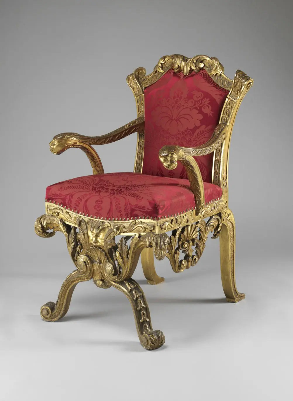 19th-century giltwood throne chair with red silk upholstery, attributed to William Kent, sold by Nicholas Wells Antiques